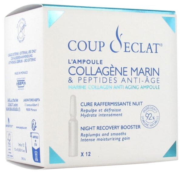 Coup d'Éclat 12 Ampoules Collagène Marin & Peptides Anti-Âge - Cure Raffermissante pour Peaux Matures