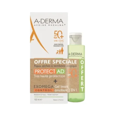 PROTECT AD - Crème Solaire Très Haute Protection SPF50+ - Visage et Corps - Peaux Sèches à Tendance Atopique, 150ml + EXOMEGA CONTROL - Gel Lavant Émollient 2 en 1 100ml Offert