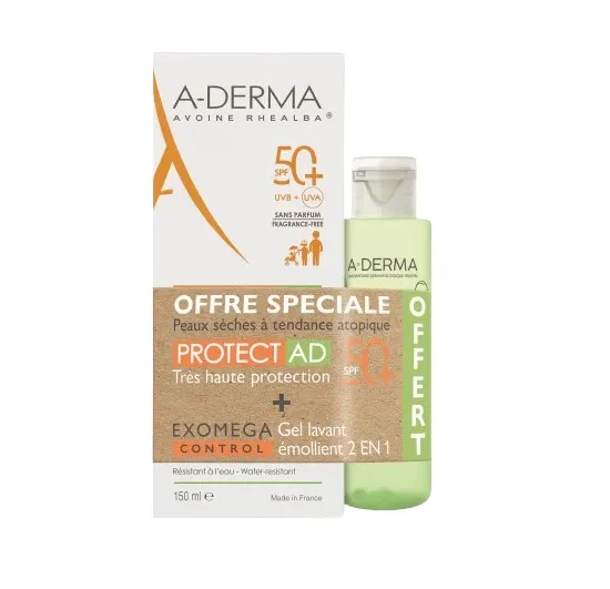 PROTECT AD - Crème Solaire Très Haute Protection SPF50+ - Visage et Corps - Peaux Sèches à Tendance Atopique, 150ml + EXOMEGA CONTROL - Gel Lavant Émollient 2 en 1 100ml Offert